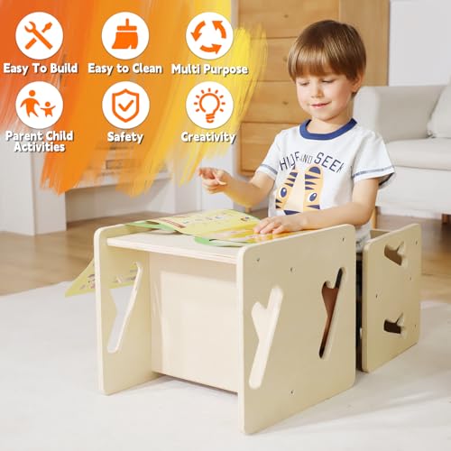 Montessori Toddler Table and Chair Set - Solid Wood, 1 Chair & 1 Table, Safe & Space-Saving