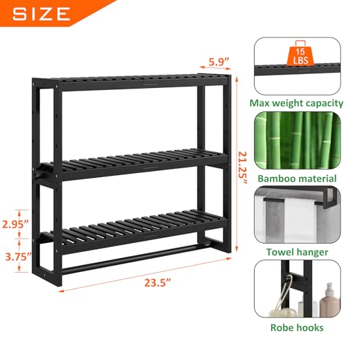 3-Tier Bamboo Bathroom Storage Shelf with Towel Bar and Hooks