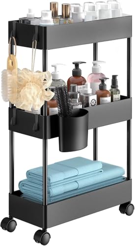 3-Tier Slim Rolling Storage Cart with Wheels & Hooks for Narrow Spaces, Black