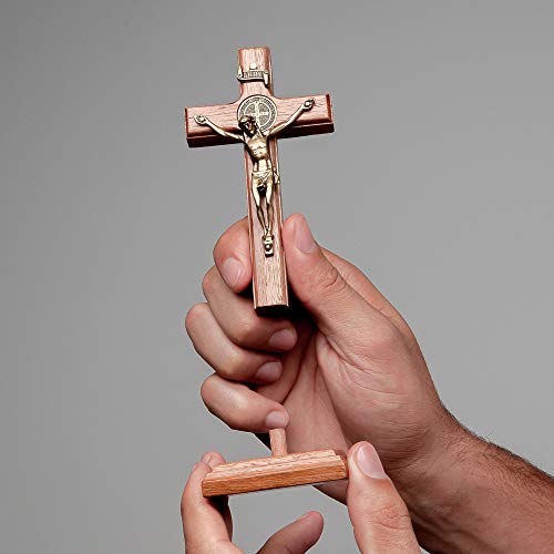 5-Inch Solid Walnut Wood Crucifix with Saint Benedict Medal - Antique Gold