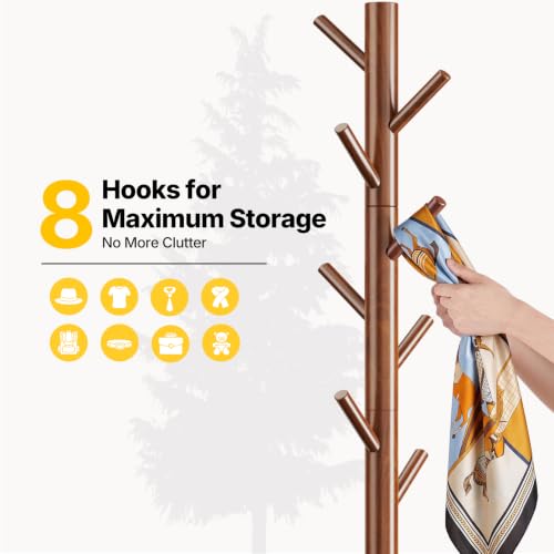 Solid Wood Freestanding Coat Rack with 8 Hooks and Adjustable Height