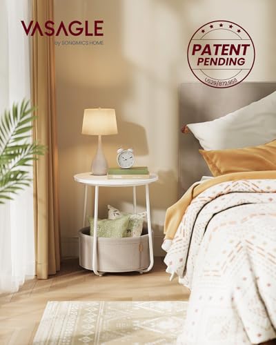 Small Round Side End Table with Fabric Storage Basket, Modern Nightstand