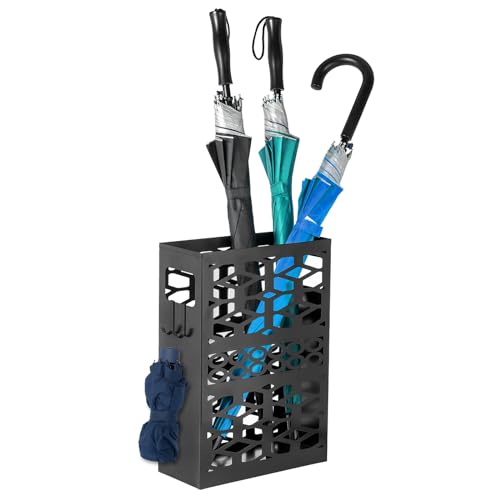 Rectangle Metal Umbrella Stand with 2 Hooks, Rust-Resistant Entryway Holder