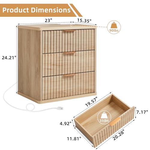 Fluted Farmhouse 3-Drawer Nightstand Set with Charging Station