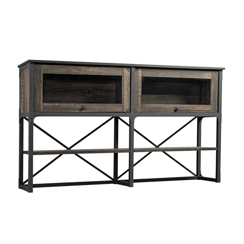 Industrial Office Hutch with Glass Doors and Adjustable Shelves, Carbon Oak