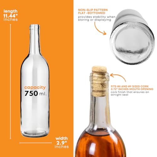 Clear Glass Wine Bottles 750ml 12-Pack with Corks and Shrink Sleeves