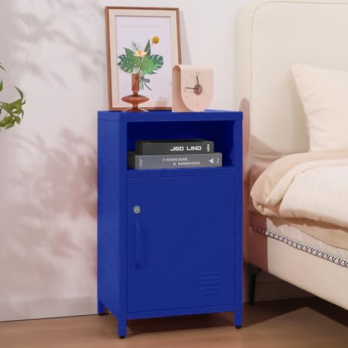 Metal Nightstand with Lockable Cabinet, Industrial Bedside Table in Blue
