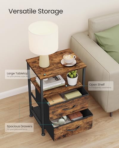Industrial 2-Drawer Nightstand Set with Open Shelf, Rustic Brown