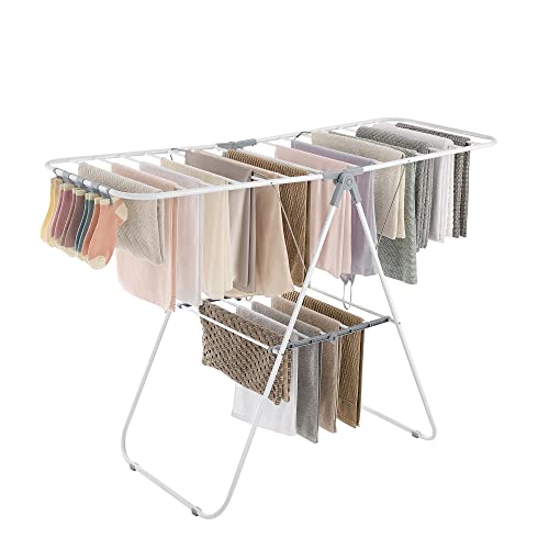 Foldable Clothes Drying Rack with Height-Adjustable Wings and Sock Clips