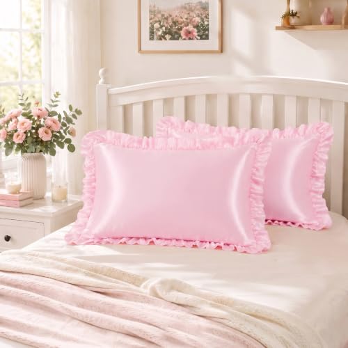Ruffled Satin Pillow Shams - Blush Pink Standard 20x26 Inch Set of 2