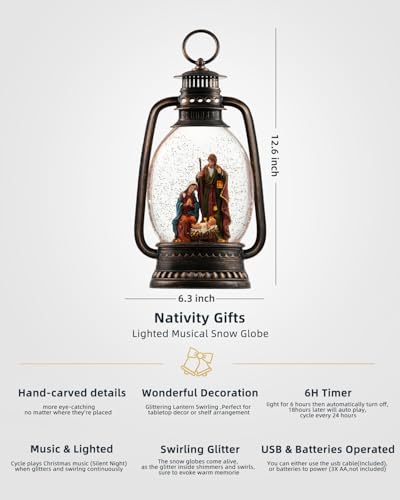 EDDORUNNING 12.6 Inch Nativity Snow Globe Lantern with Jesus - Silent Night Music, 6-Hour Timer