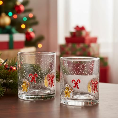 Bokon 2 Pack Christmas Icon Glass Cups, 14 oz Hand Blown Gingerbread & Candy Cane