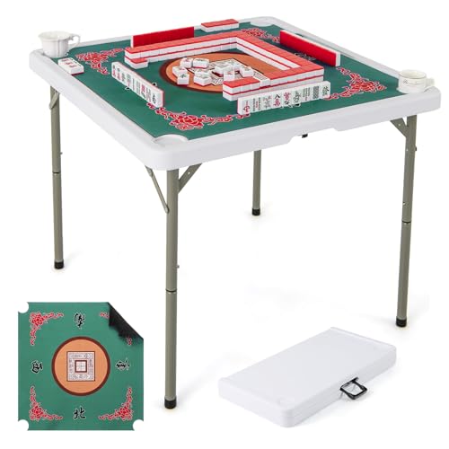 Foldable 35-Inch Mahjong Table with Mat, Cup Holders & Carrying Handle