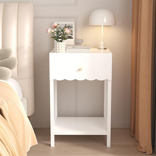 Modern Scalloped Nightstand with Drawer and Open Shelf, White Side Table