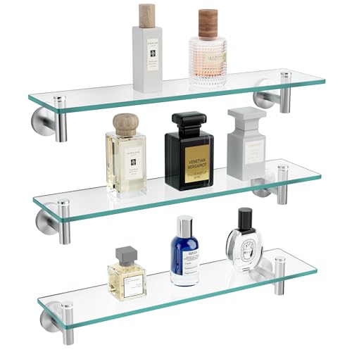20-Inch Tempered Glass Bathroom Wall Shelf, 3-Pack with Stainless Brackets