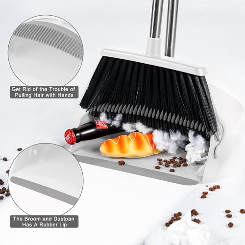 Broom and Dustpan Set with 52" Adjustable Handle & Dustpan Comb, White