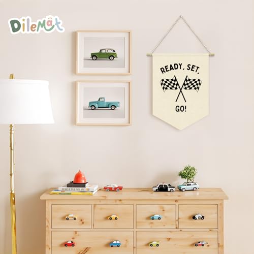 Ready Set Go Race Car Pennant Banner - Linen Wall Hanging for Kids Room