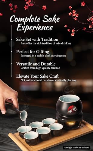 LOONCREST Black Japanese Ceramic Sake Set with Cups Bottle Warmer & Carrying Case