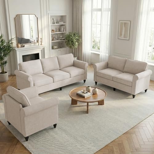 3-Piece Living Room Sofa Set, Linen Fabric Couch, Loveseat & Armchair