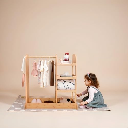 Kids Wooden Dress-Up Storage Wardrobe with Mirror and Hanging Rack