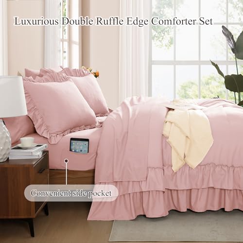 Queen Ruffle Comforter Set - Soft Pink 7-Piece Bedding Set