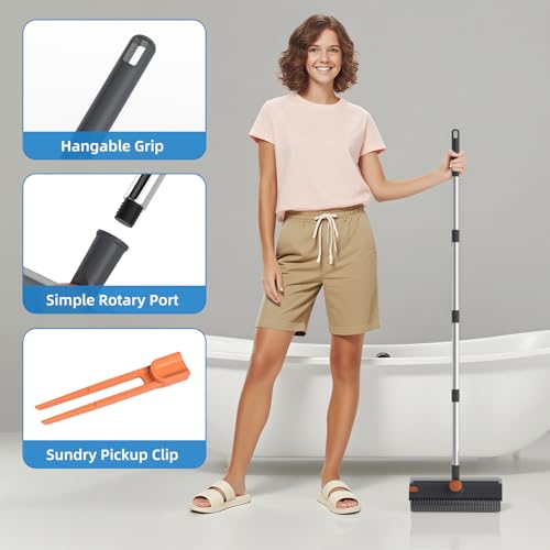 3-in-1 Long Handle Floor Scrub Brush with Squeegee & Stiff Bristles