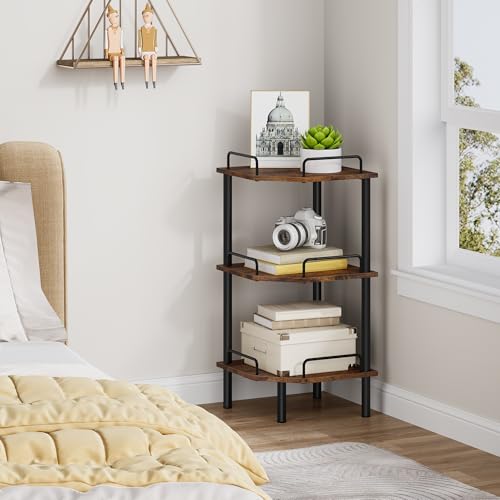 3-Tier Industrial Corner Shelf, Rustic Brown Standing Storage Unit