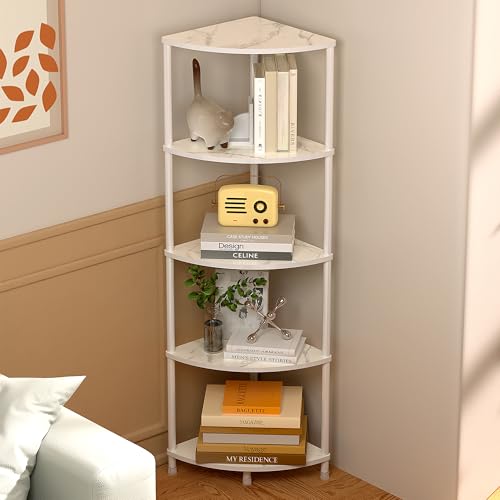 5-Tier Corner Shelf Stand, 44-inch Kitchen Storage Organizer, Marble White
