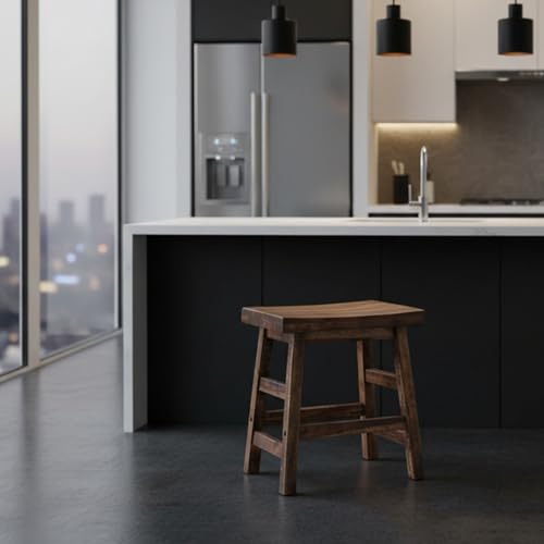 20-Inch Solid Wood Saddle Seat Stool, Rustic Industrial Dining Stool