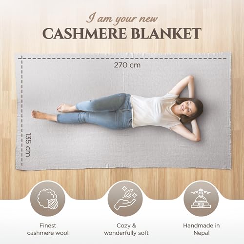 Yanopurna Light Grey Cashmere Wool Throw Blanket 135x270cm Hand Woven Cozy Bed Sofa