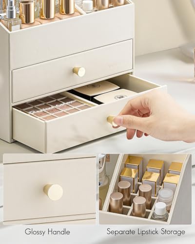 VLANDO Beige 3-Layer Makeup Organizer with 2 Large Drawers & Removable Lipstick Holder