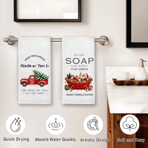 Christmas / 2 Red Truck Bathroom Towels Set - 16x24 Inches, Decorative Hand Towels