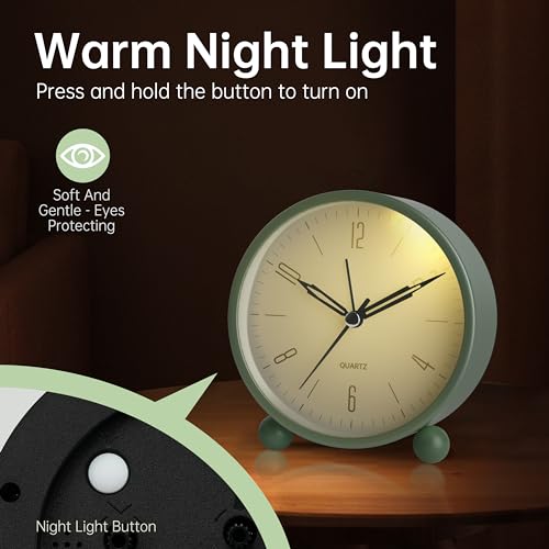 4-Inch Silent Analog Alarm Clock with Night Light, Battery Powered (Green)