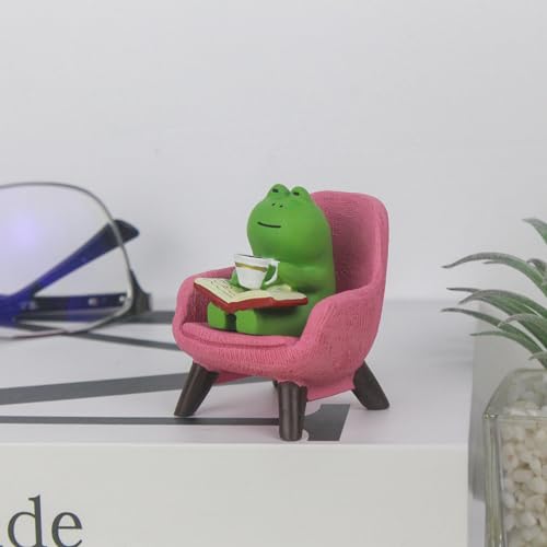 Miniature Frog Reading on Pink Sofa Resin Figurine Desk Decor