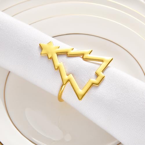 Set of 6 Gold Christmas Tree Napkin Rings for Holiday Table Decor