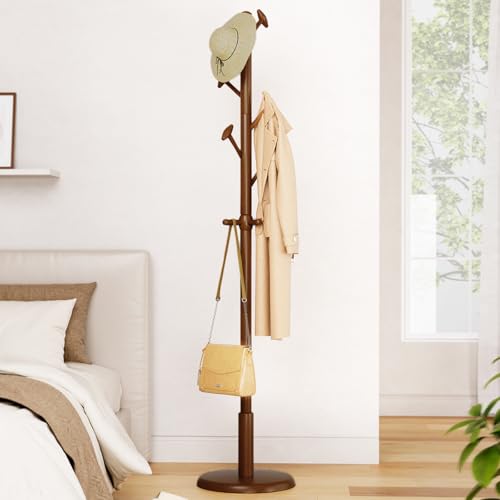 Solid Rubberwood Freestanding Coat Rack with 10 Hooks & Adjustable Height