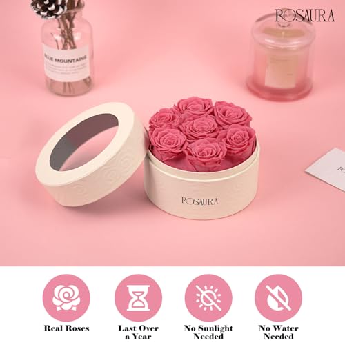 Preserved Roses Gift Box, 7 Real Pink Eternal Roses in Round Case