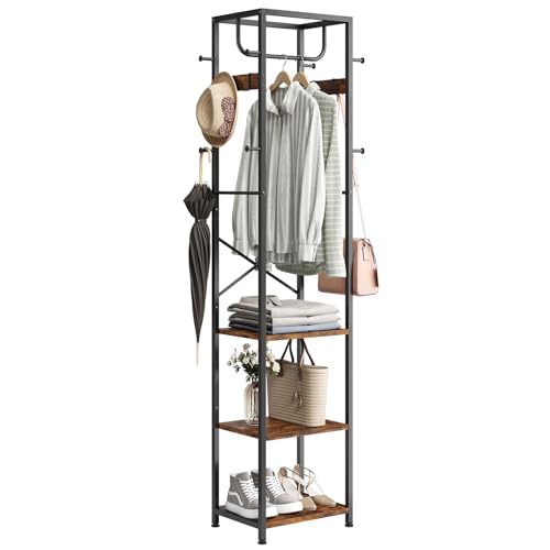 Industrial Freestanding Hall Tree with 3 Shelves and 12 Hooks, Rustic Brown