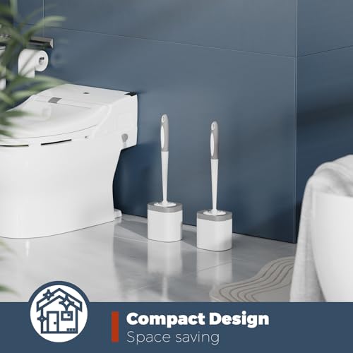 Holaloha Toilet Brush and Holder Set 2 Pack White Compact Deep Cleaning
