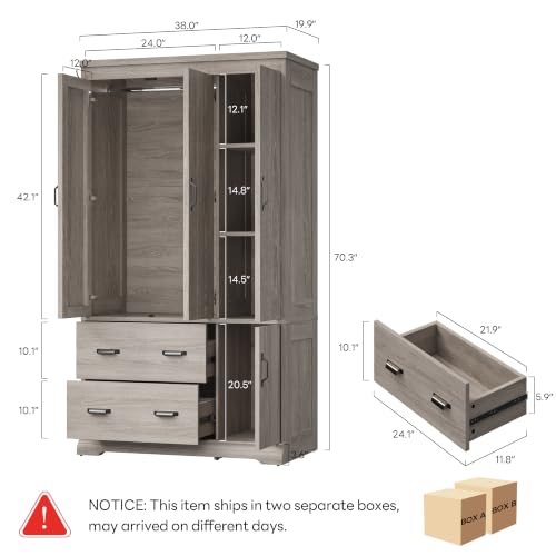 LIKIMIO Grey 70-inch Freestanding Bedroom Armoire with Drawers & Multi-Zone Storage
