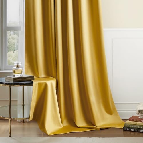 HOMEIDEAS Gold Faux Silk Blackout Curtains 52x84 Inches - Pack of 2, Room Darkening Drapes