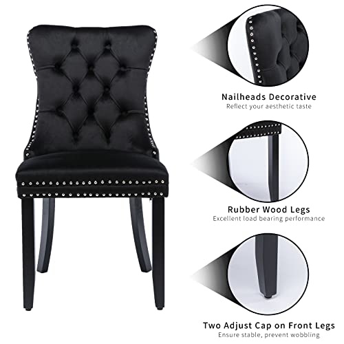 Set of 4 Black Velvet Dining Chairs, Tufted Upholstered Wing Back Chairs