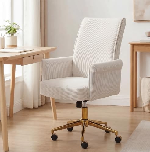 Cream Velvet Home Office Chair, Adjustable Swivel Task Chair with Armrests