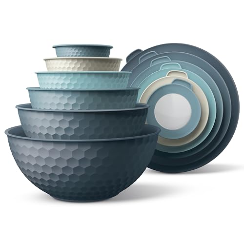 12-Piece Plastic Mixing Bowls Set with Lids - Blue Embossed Nesting Bowls