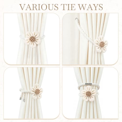 Boho Magnetic Curtain Tiebacks - Rustic Linen Cotton Flower Holdbacks (2 Pcs)