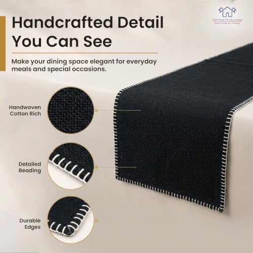 LFH Home Cotton Rich Table Runner 18x72 Black with Blanket Stitch