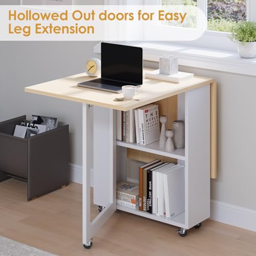 Folding Dining Table with Storage Shelf and Rolling Wheels, White