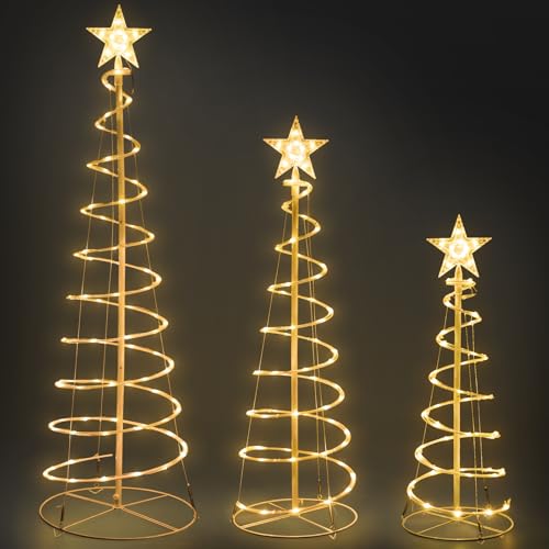 COVFEVER 3-Piece Christmas Spiral Tree Lights Set Warm White 3/4/5 FT Holiday Decor