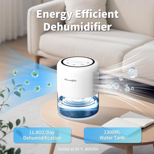 Small Portable Dehumidifier for Home, 44oz Tank with 3 Modes and 10 Lights