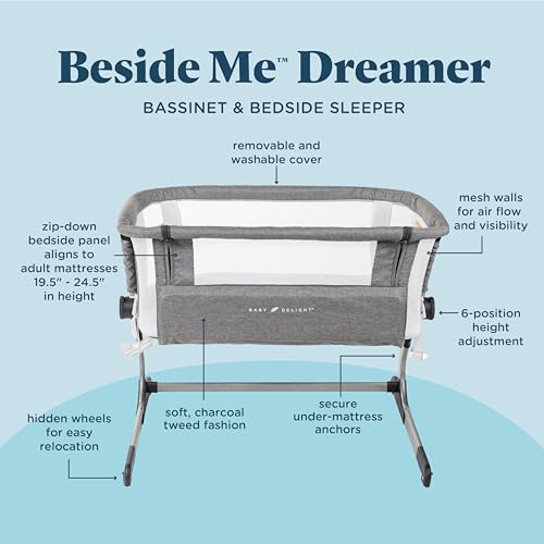 Bedside Sleeper Bassinet - Adjustable Height Breathable Mesh (Charcoal Tweed)